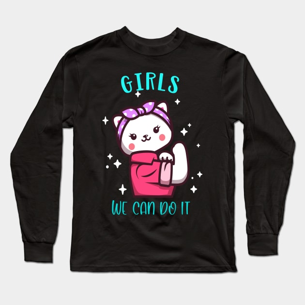 Cute Cat Girlie Girls We Can Do it Power Long Sleeve T-Shirt by Foxxy Merch